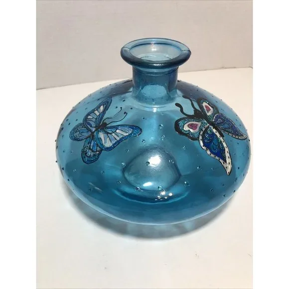 Beautiful Aqua Blue Glass fat vase with butterflies 9.5" Dia. Teal Blue Green - Picture 8 of 8